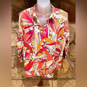 Chico's Vibrant Pink & Orange Career Graphic Button Down Shirt XL Fiesta Geo Mod